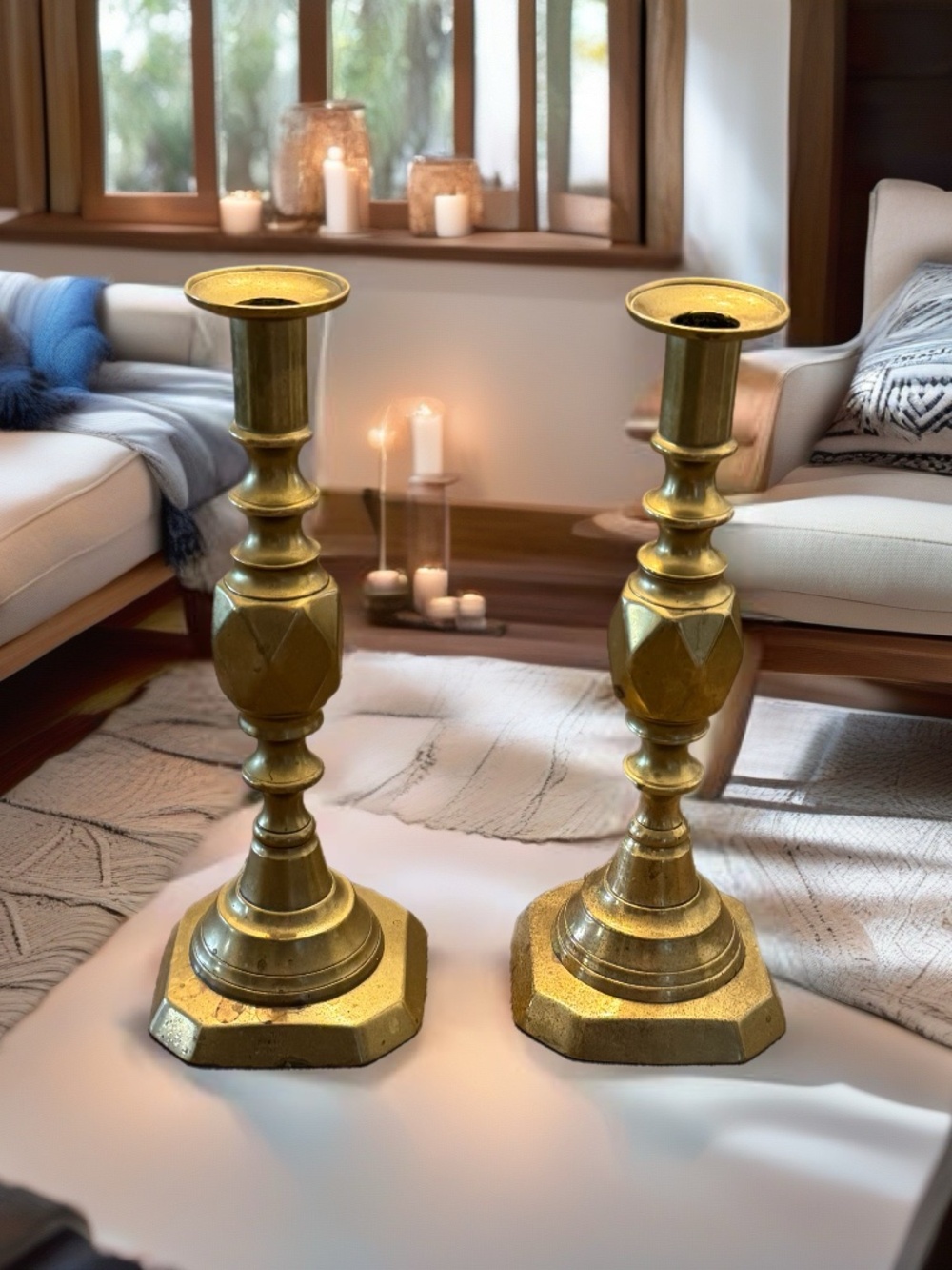 Pair of Antique Edwardian English Solid Brass "The Diamond Princess" Candlestick